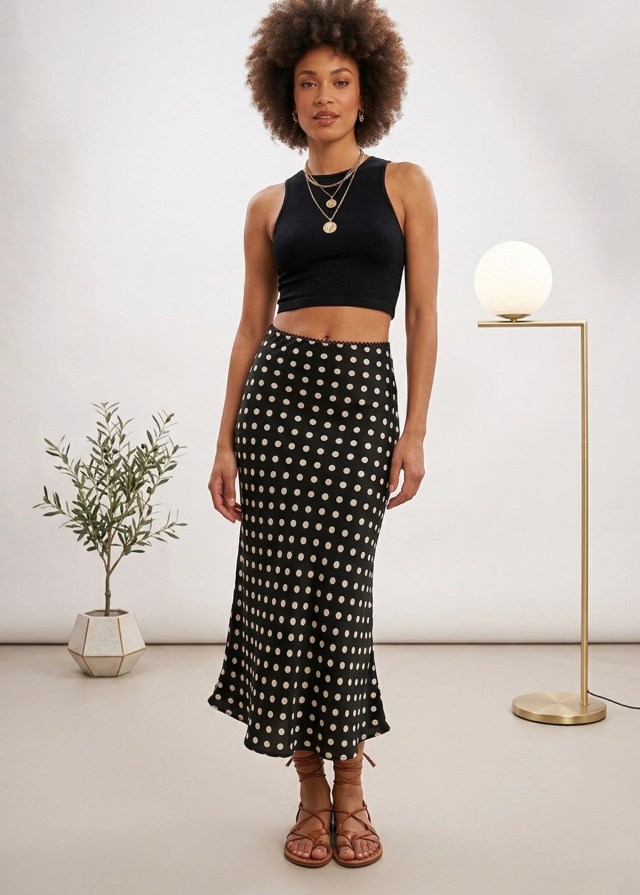 Black Satin Polka Dot Bias Midi Skirt