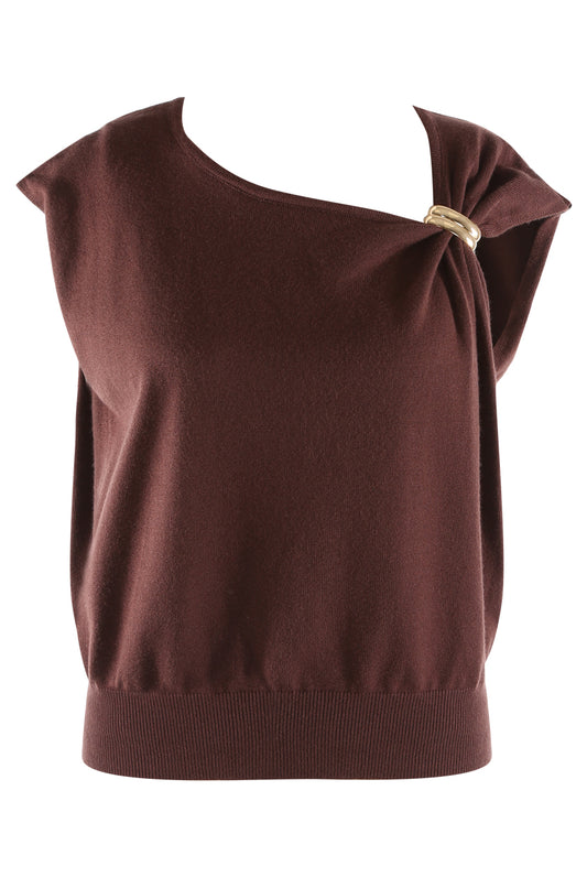 Brown Fine Knit Cap Sleeve Top