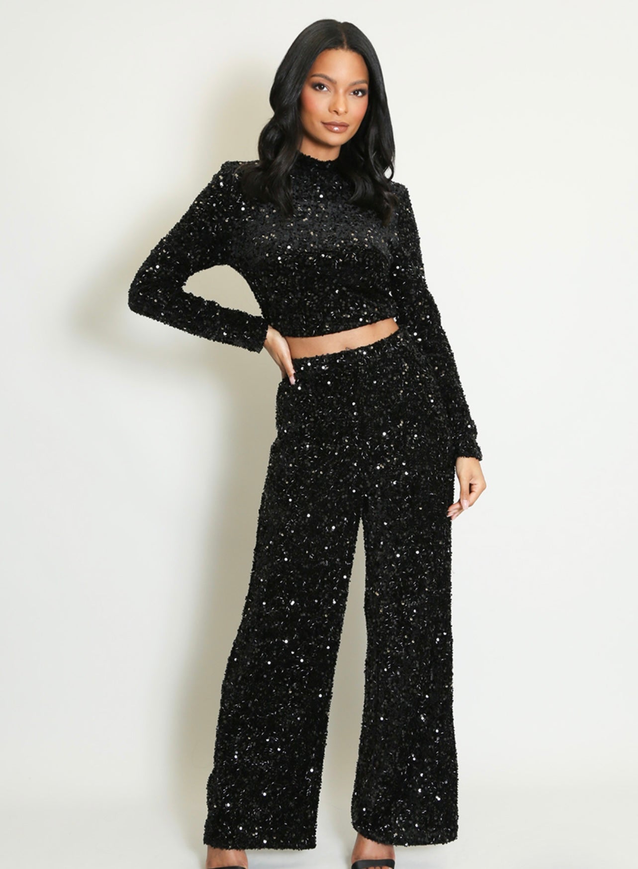 Black Sequin Long Sleeve Crop Top