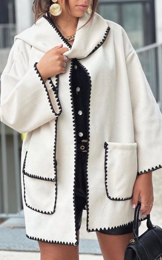 Cream Contrast Edge Jacket And Scarf Set