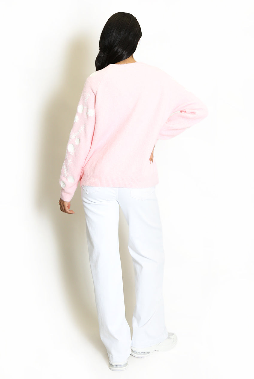 Pink Embroidered Sleeve Fluffy Knit Jumper