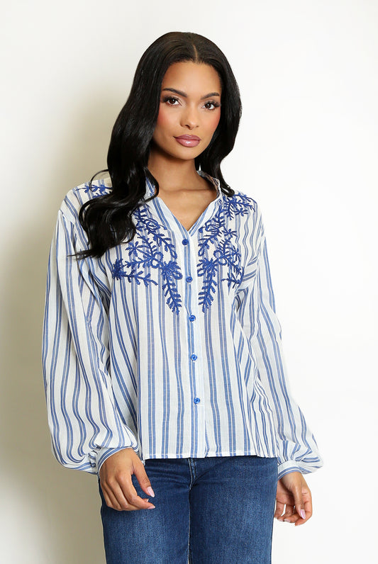 Blue Leaf Embroidered Striped Blouse