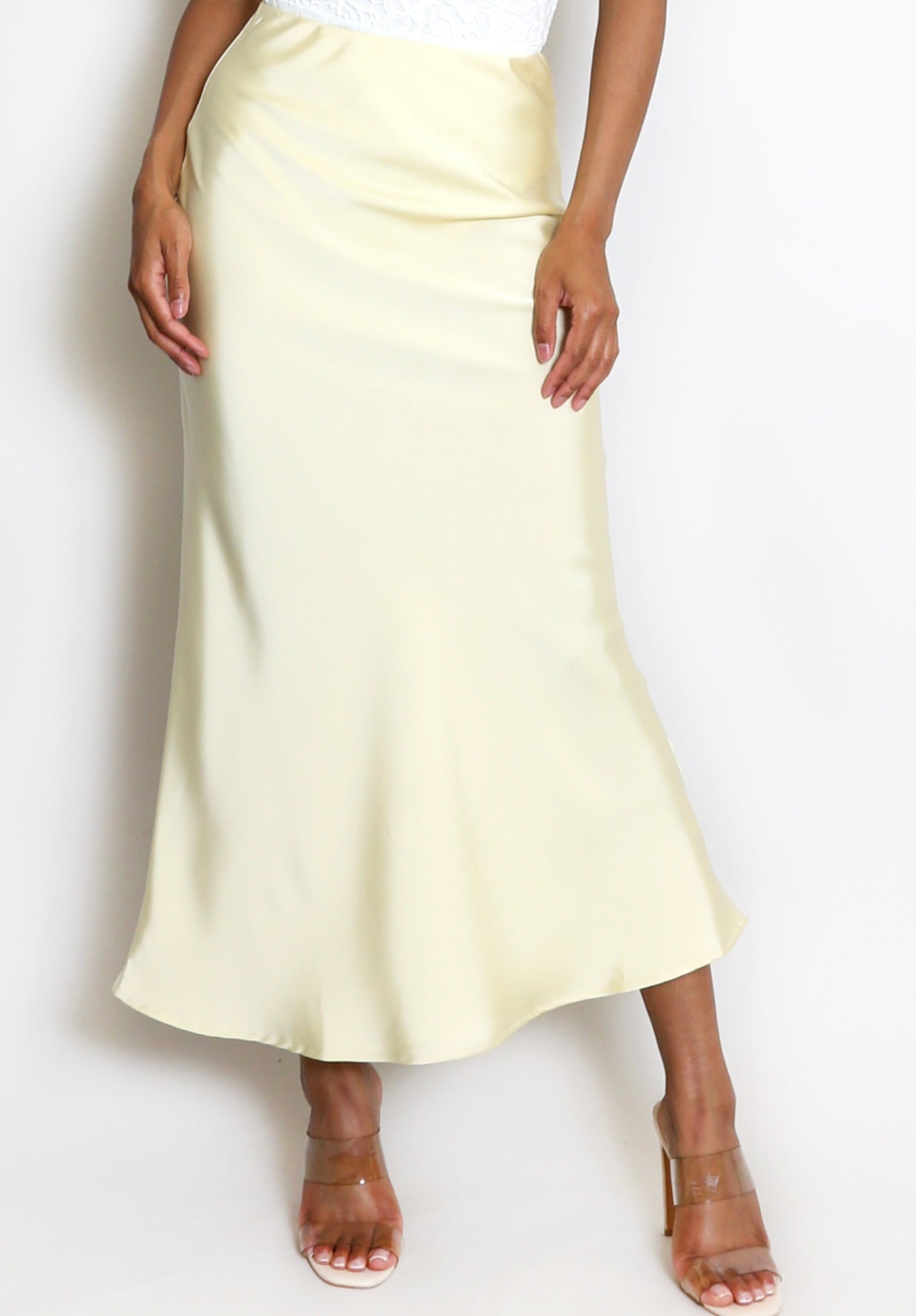 Lemon Satin Bias Cut Flowing Maxi Skirt