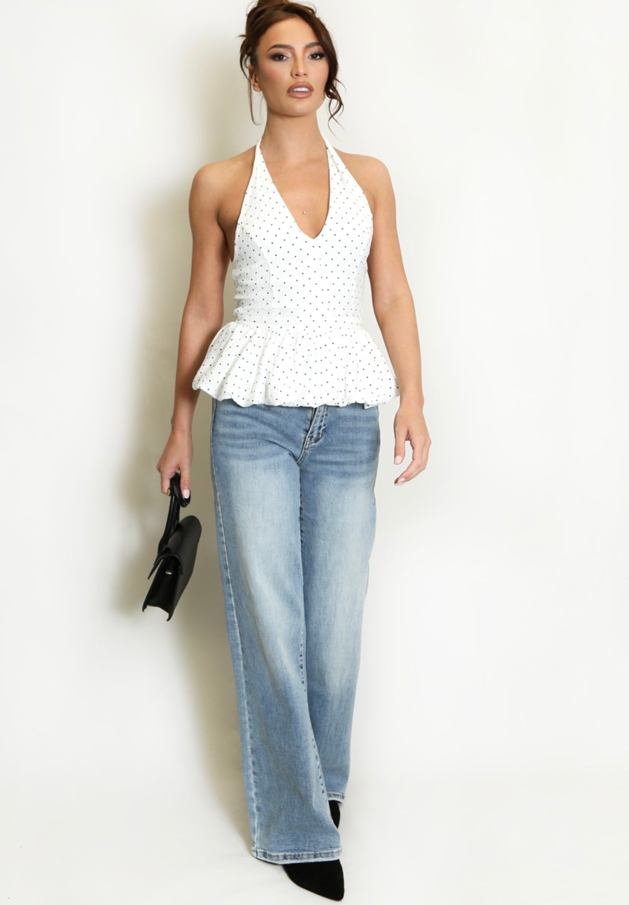 White Polka Dots Bubble Hem Halterneck Blouse