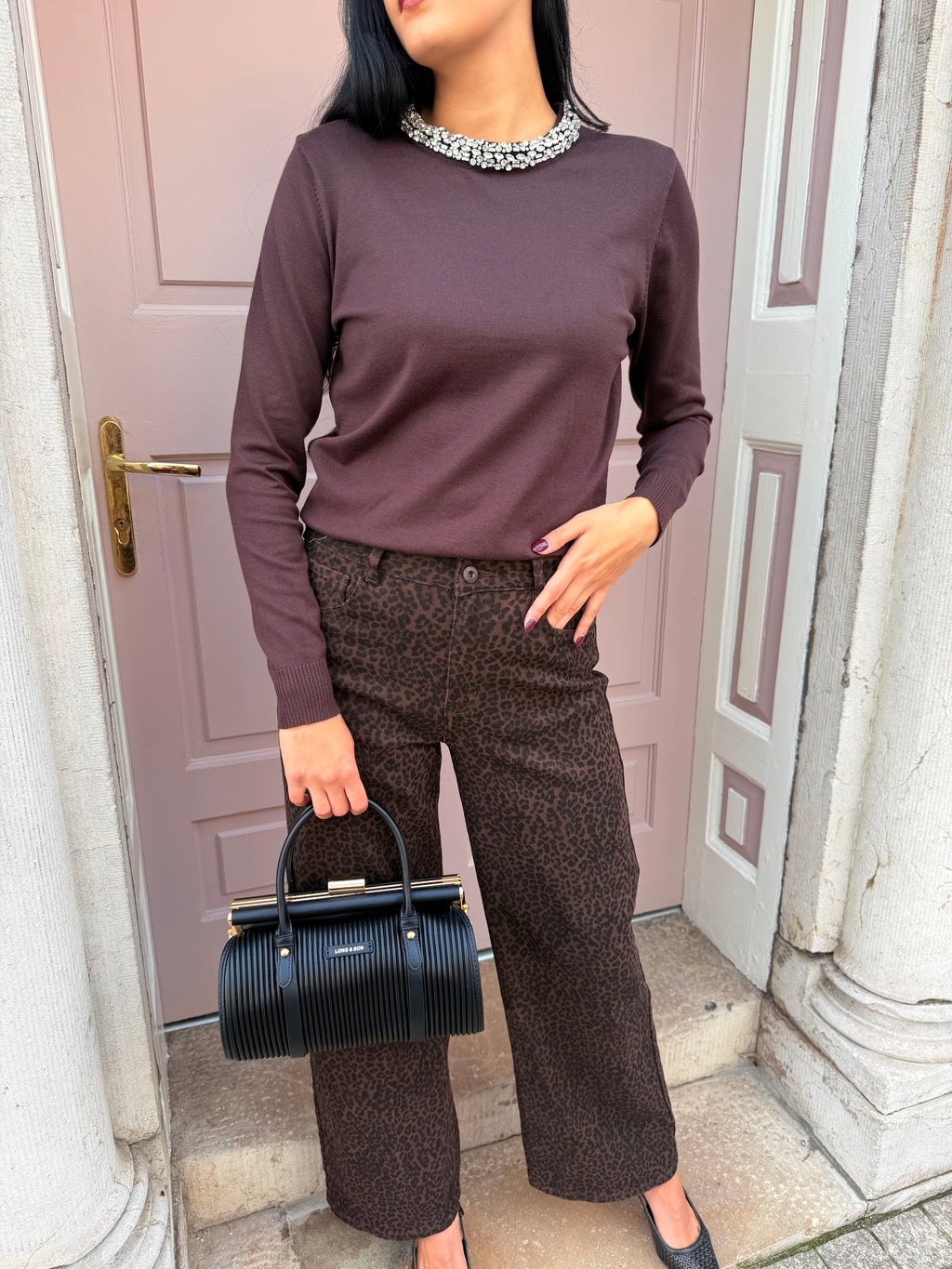 Long Ribbed Detail Gold Detail Buckle Handbag