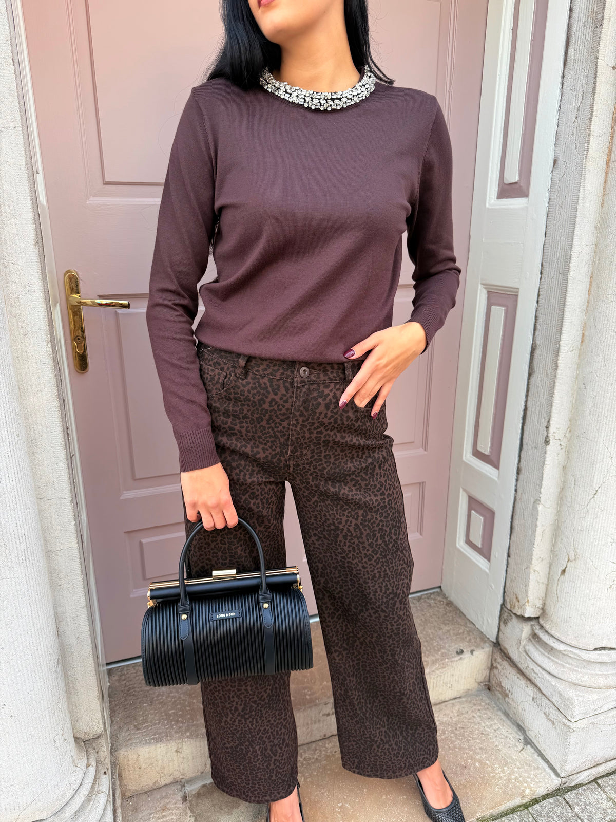 Long Ribbed Detail Gold Detail Buckle Handbag