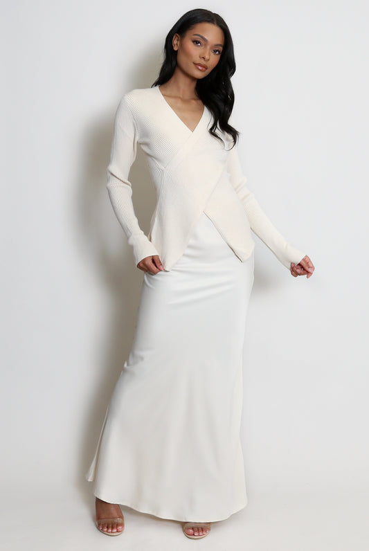 Beige Satin Bias Cut Maxi Skirt