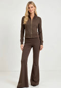 Brown Paneled Athleisure Gold Zip Jacket with Flare Leggings