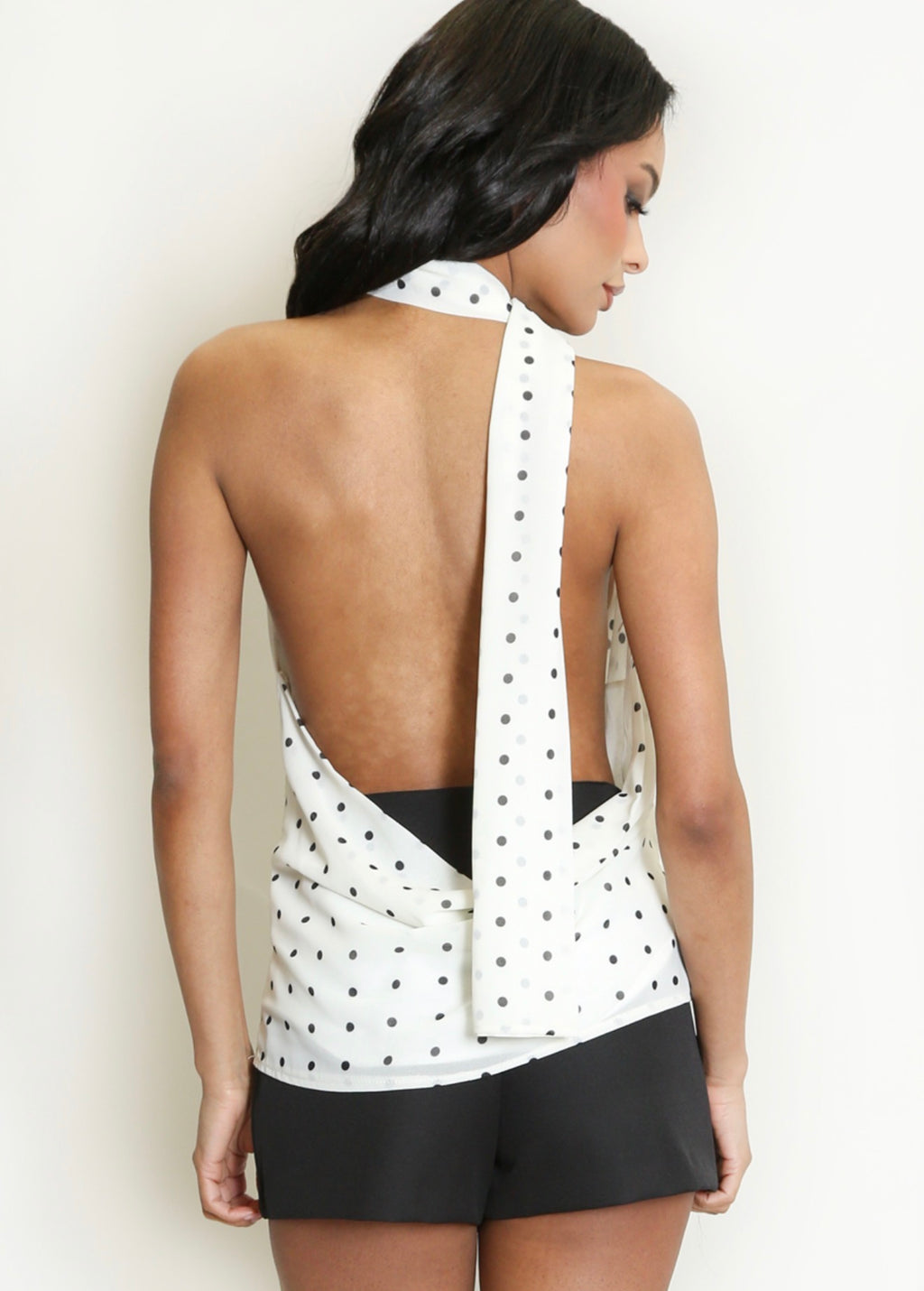 White Polka Dot Draped Halter Neck Top