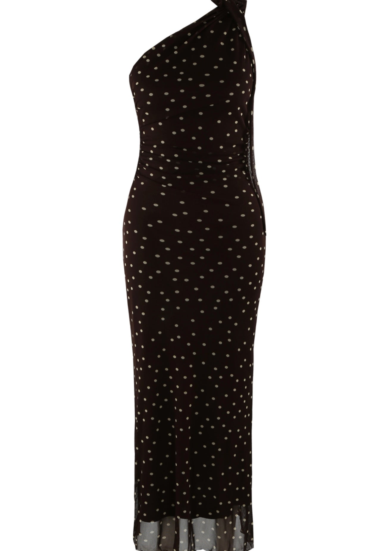 Brown Polka Dots One Shoulder Midi Dress