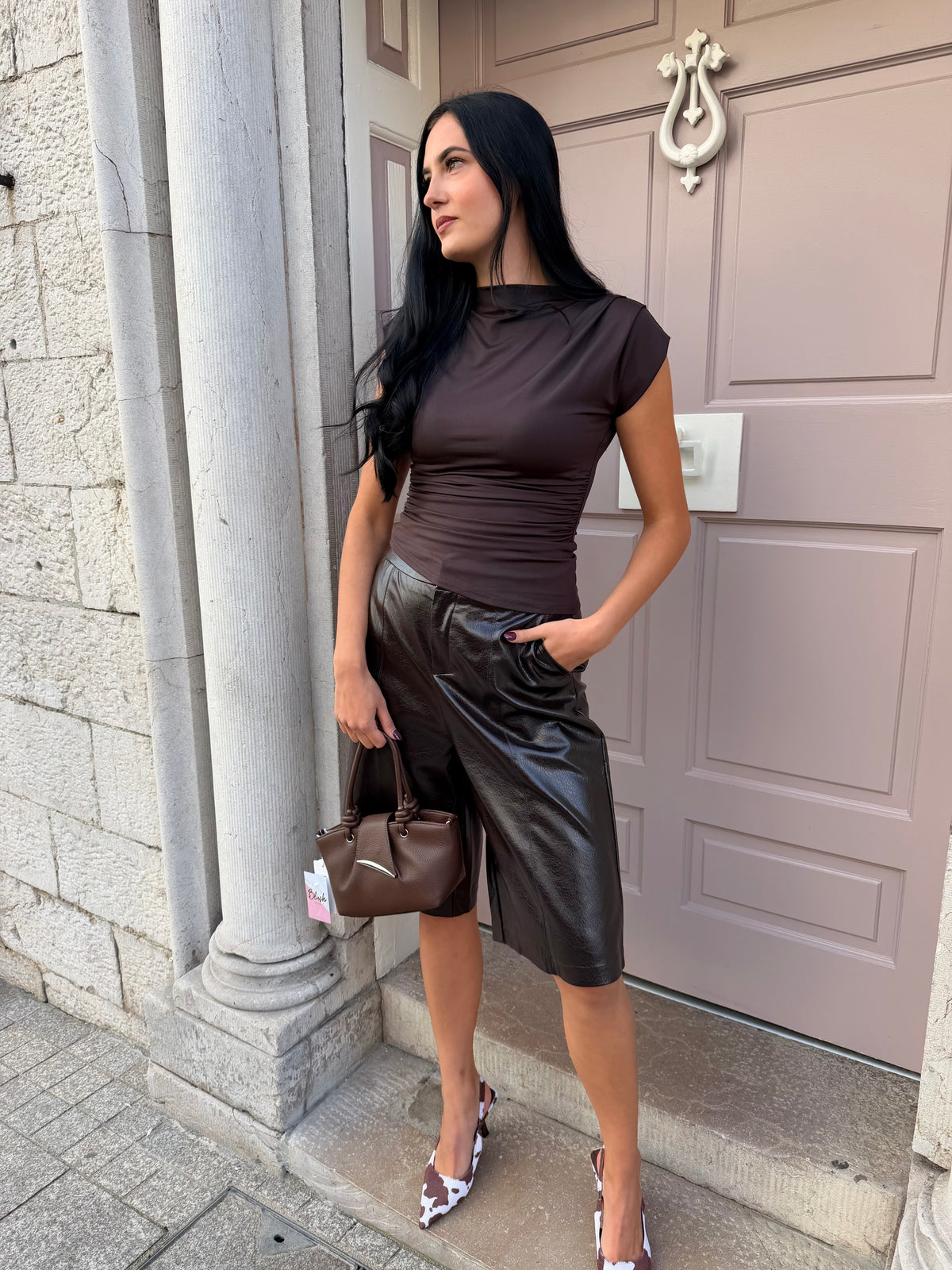 Brown PU Paneled Culottes