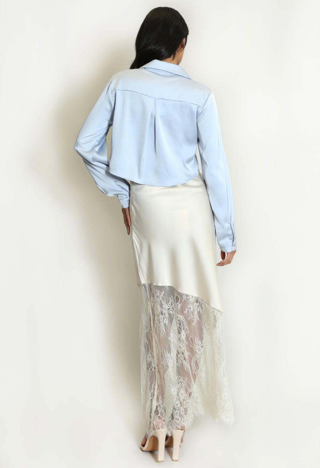 Cream Asymmetric Lace Hem Satin Skirts
