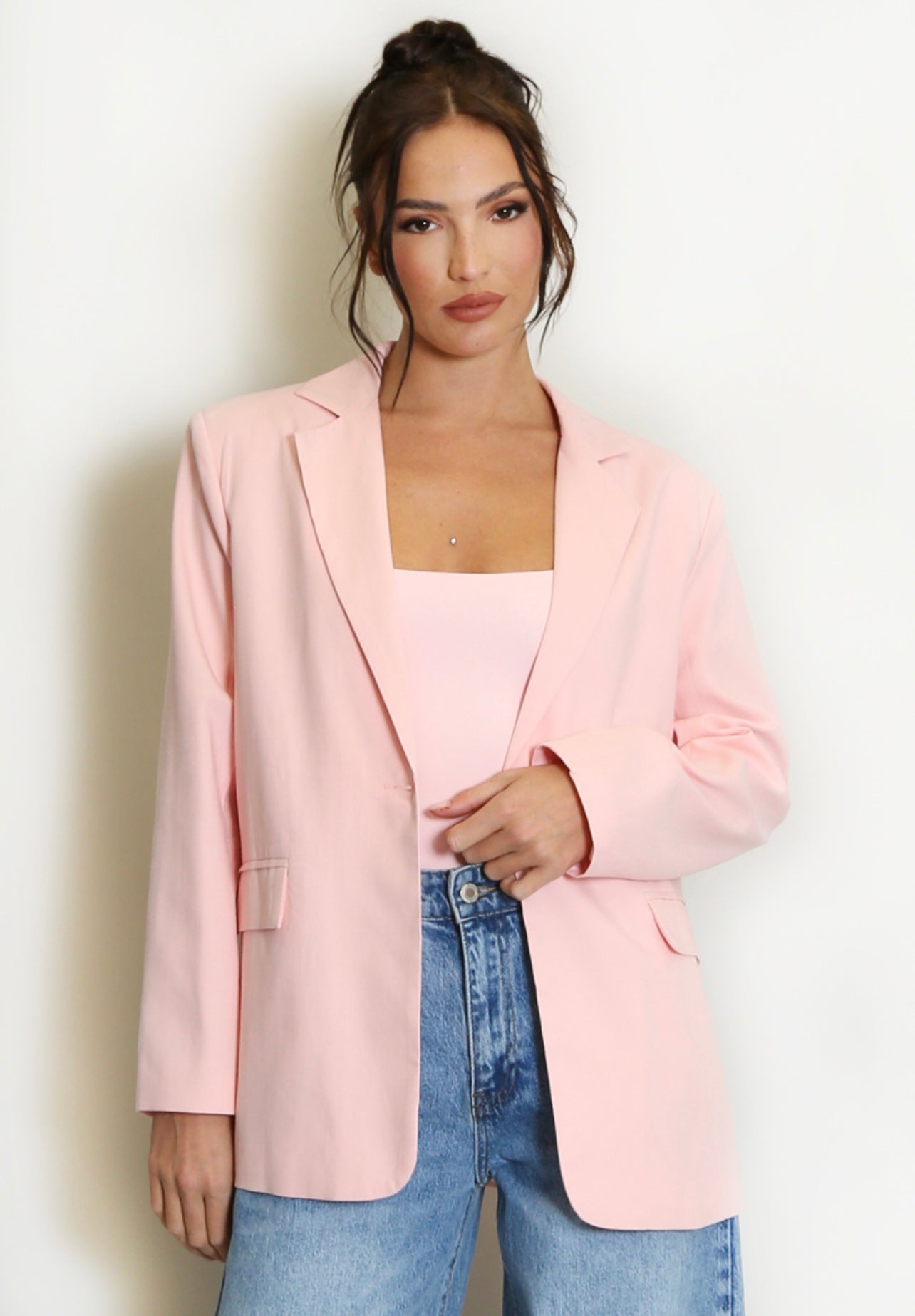 Pink One Button Cotton Blazer