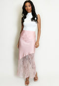 Pink Asymmetric Lace Hem Satin Skirts