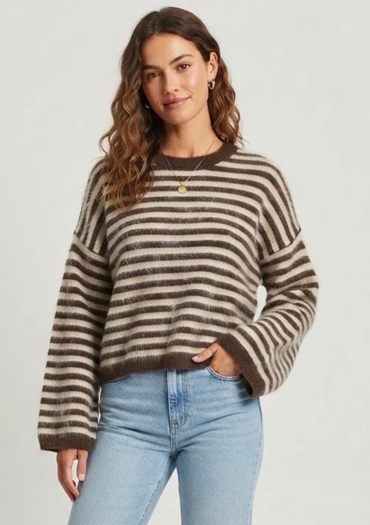 Brown Fluffy Knit Striped Jumper