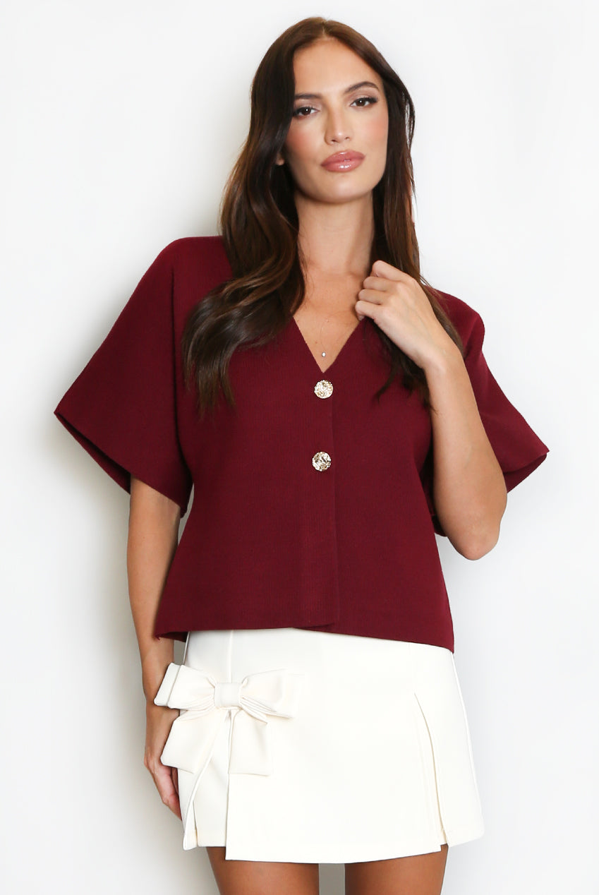 Wine Fine Knit Short Sleeve Cardigan