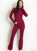 Burgundy Zip Front Gym Jacket And Flare Trouser Set