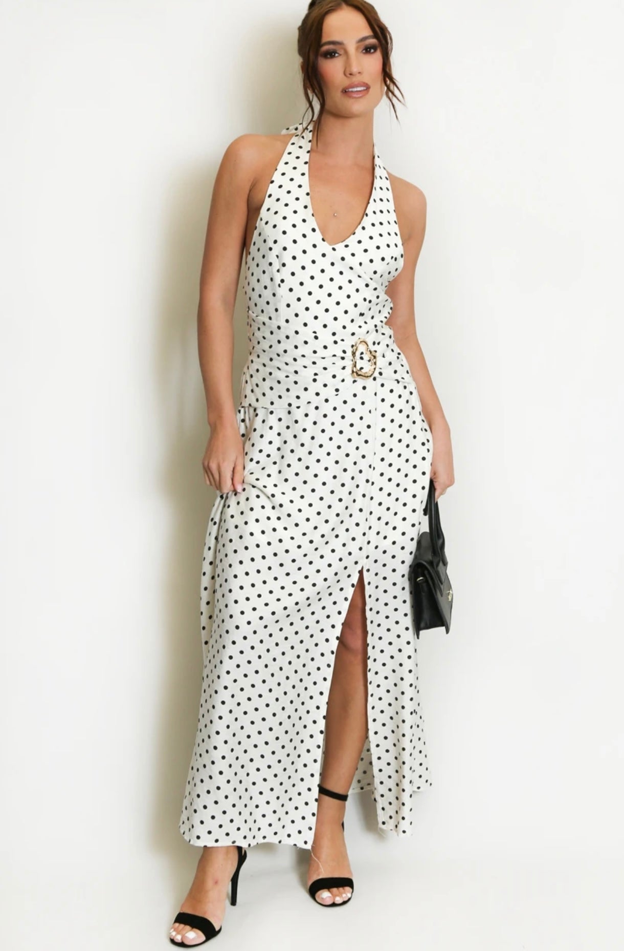 White Polka Dot Halter Neck Maxi Dress