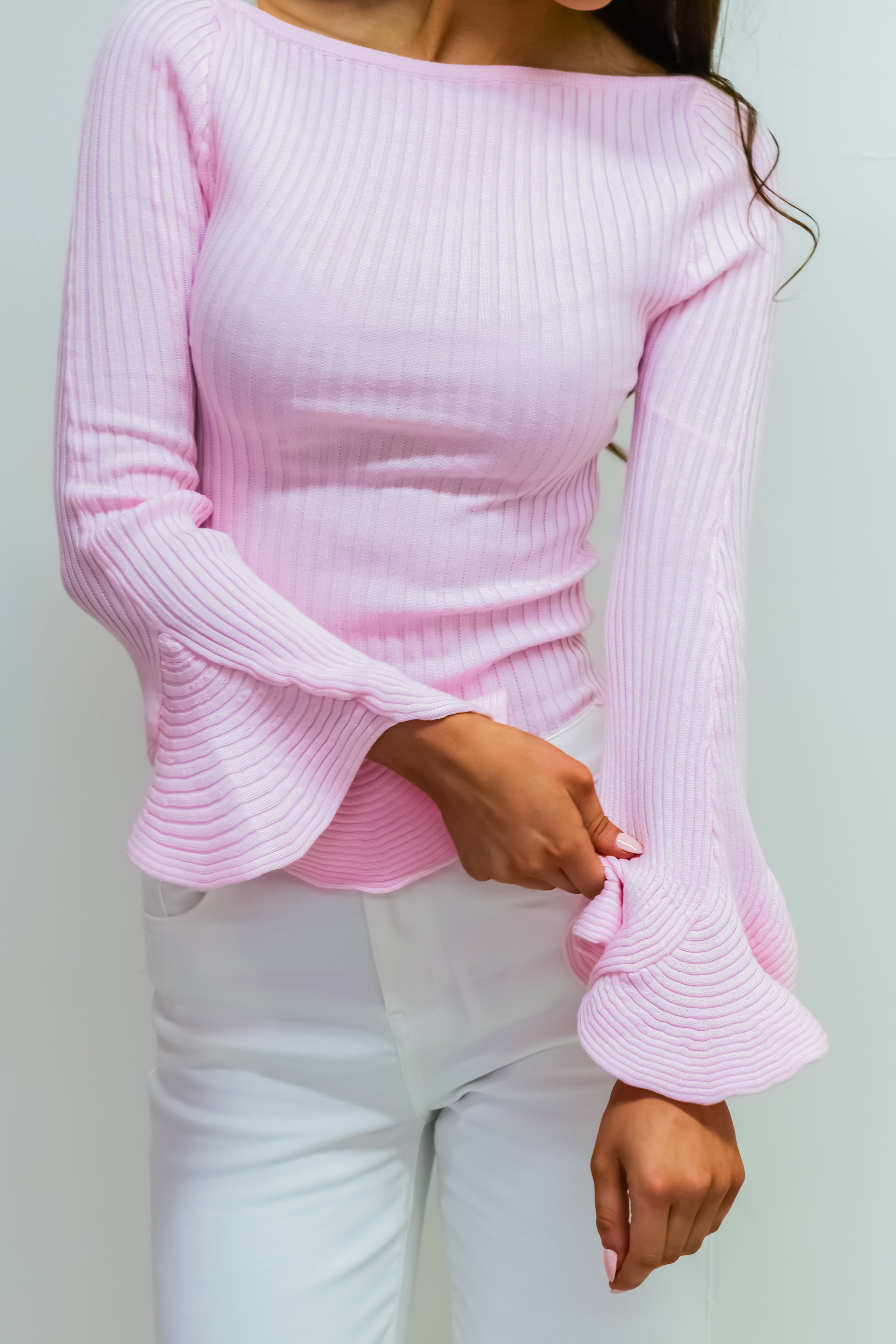 Baby Pink Ribbed Flare Sleeve Knit