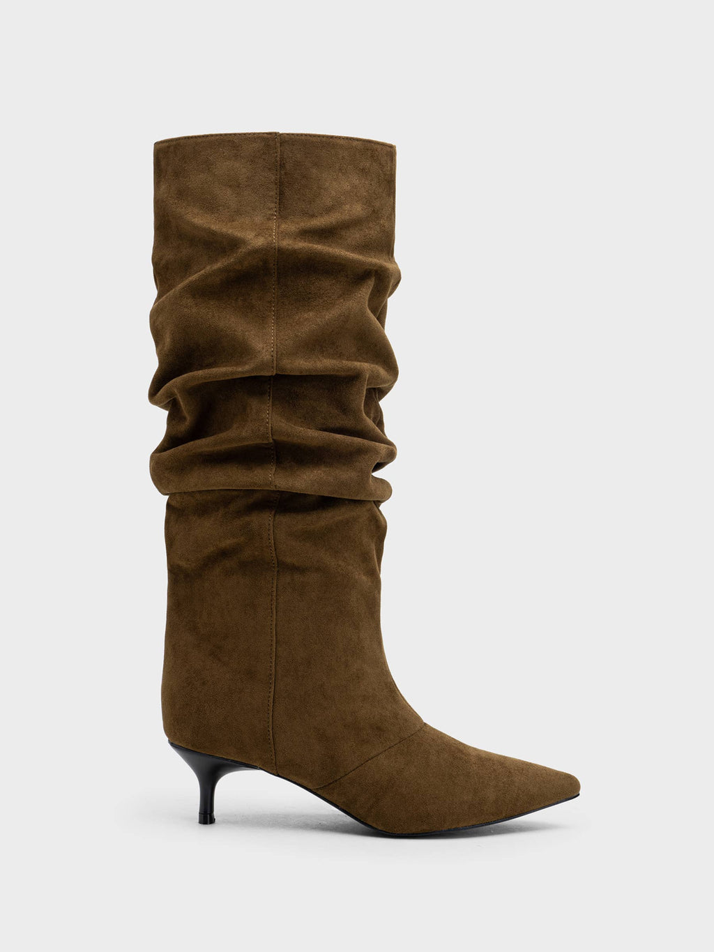 Camel Slouchy Knee High Boots, Pointed Toe, Kitten Heel