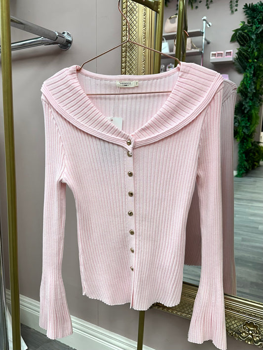 Baby Pink Button Detail Rib Knit Top