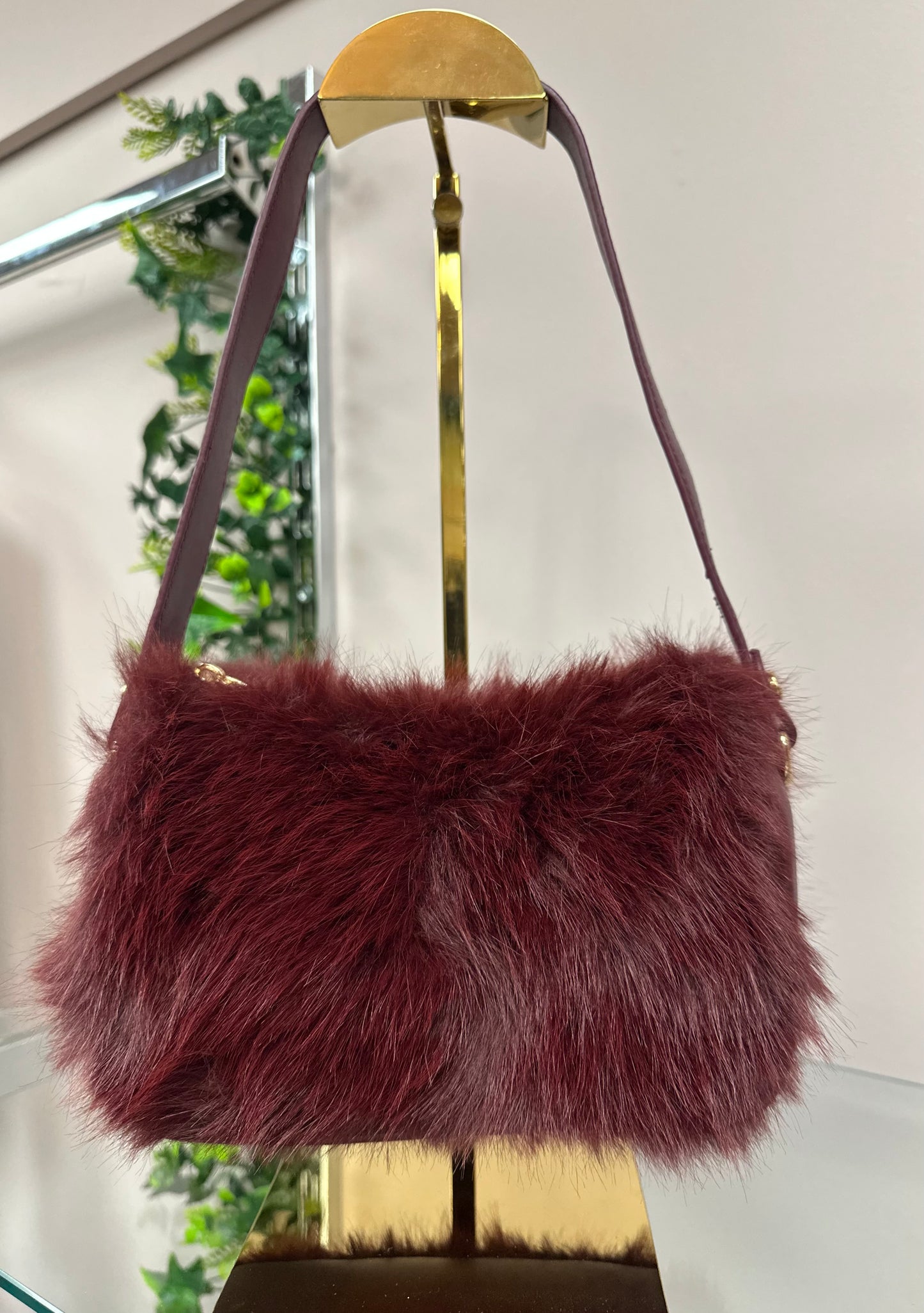 Burgundy Faux Fur Shoulder Bag