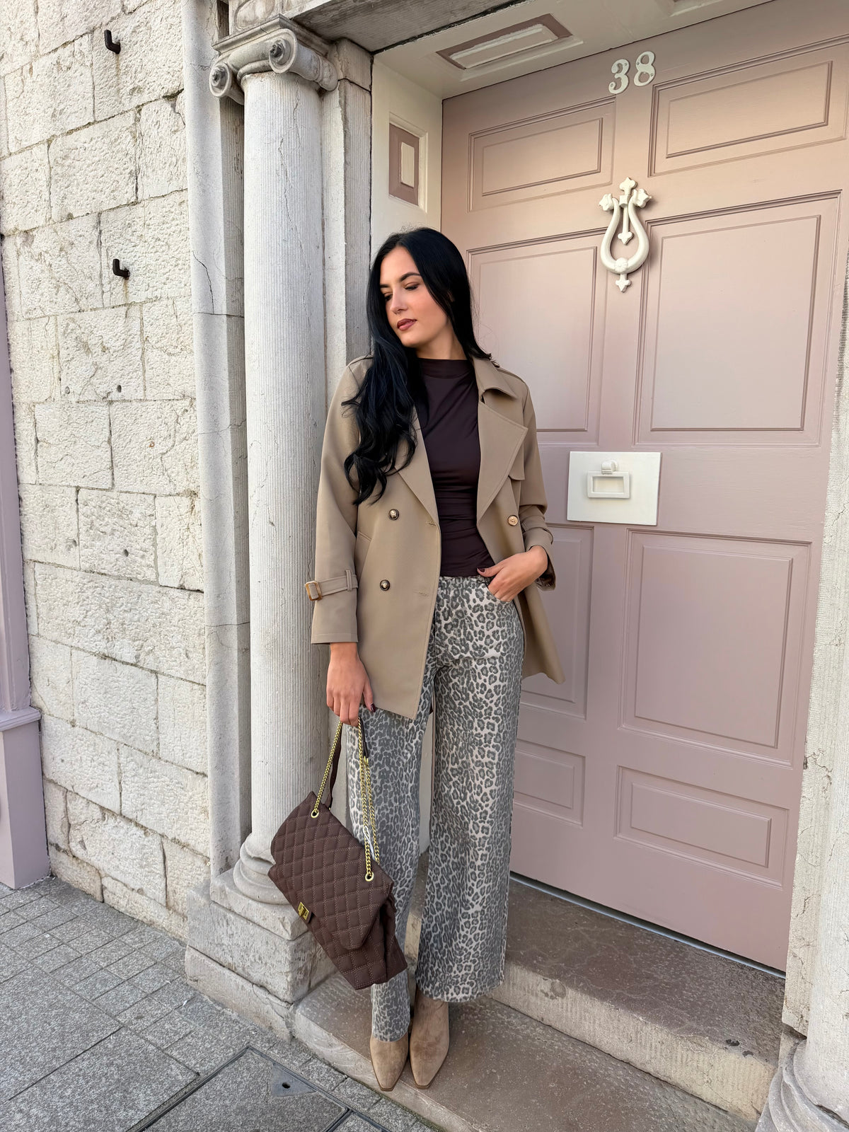 Suede Gold Detail Clasp Shoulder Handbag
