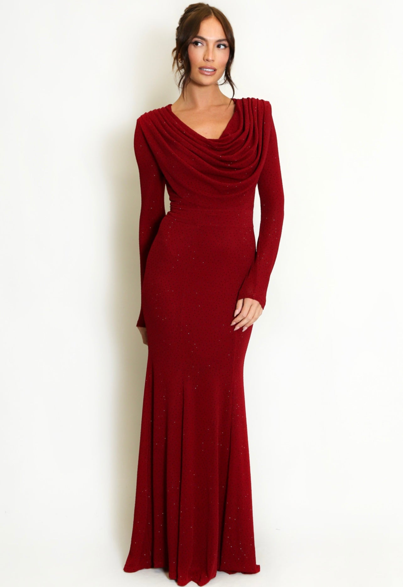 Burgundy Cowl Neck Studded Maxi Dress