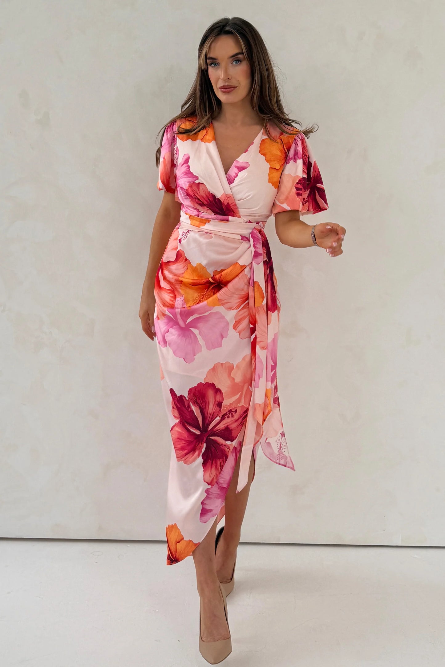 Drew Puff Sleeve Wrap Front Midi Dress Floral Print