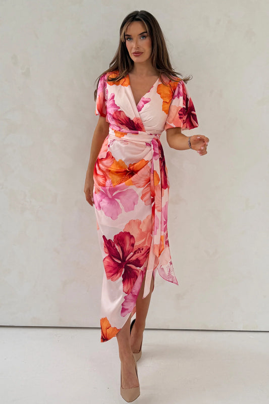 Drew Puff Sleeve Wrap Front Midi Dress Floral Print
