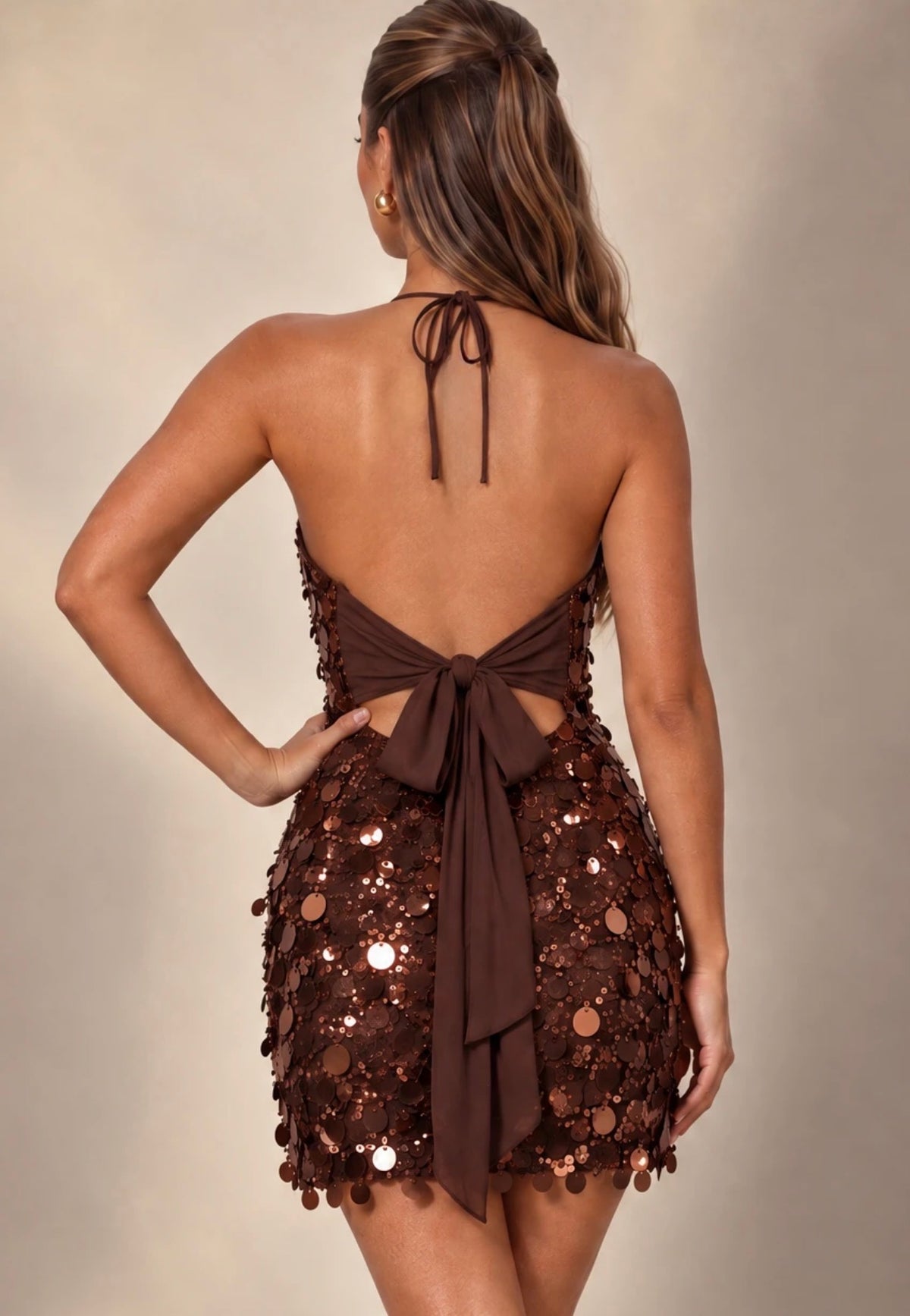 Brown Sequin Halterneck Tie Back Mini Dress