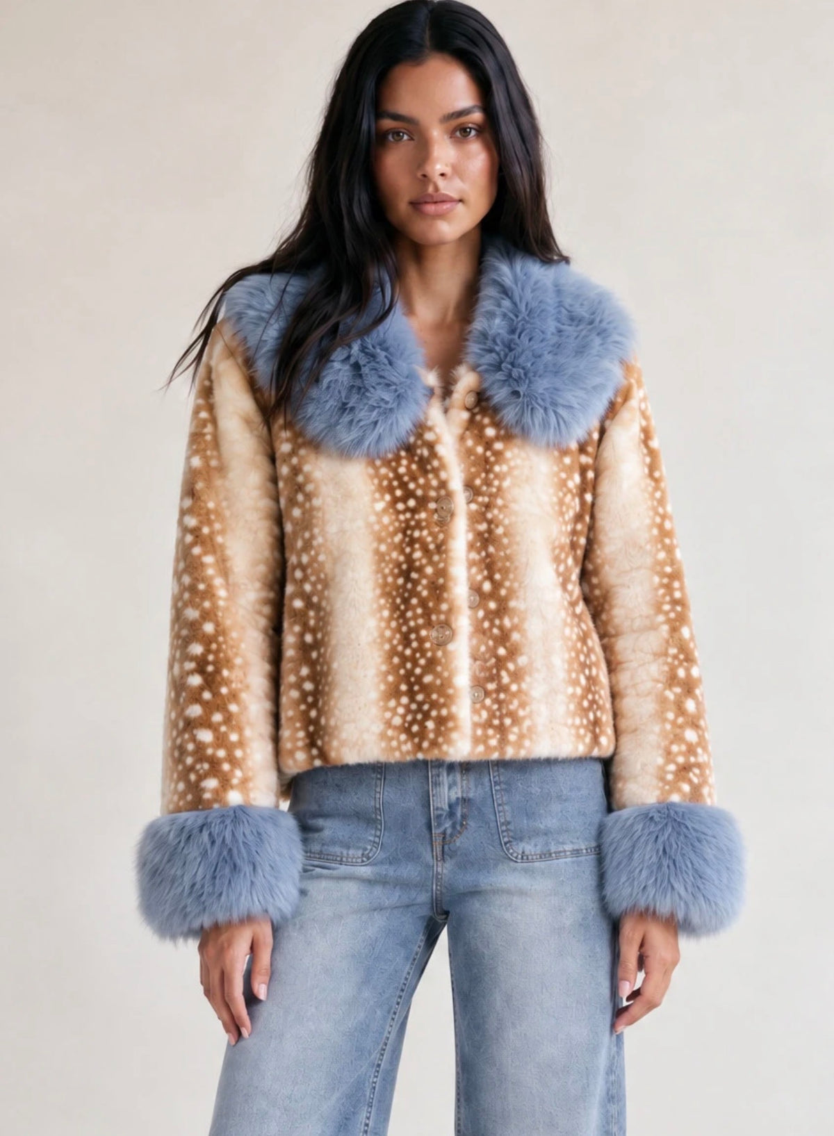 (PRE ORDER) Blue Deer Print Faux Fur Jacket With Fur Collar And Cuff