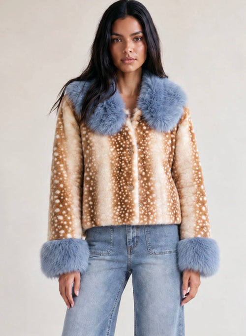 (PRE ORDER) Blue Deer Print Faux Fur Jacket With Fur Collar And Cuff