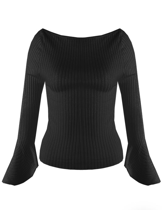 Black Slash Neck Flare Cuff Jumper
