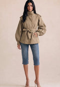 Beige Pleated Balloon Sleeve Short Trench Coat