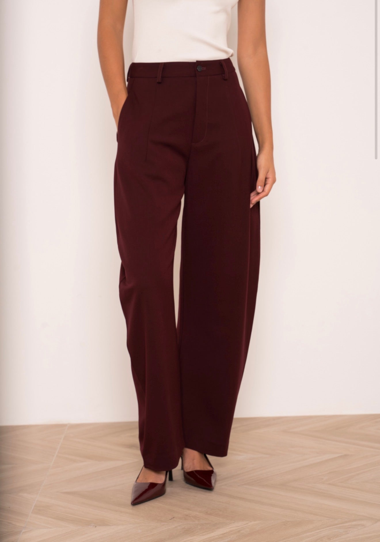 Burgundy High Waist Barrel Trousers