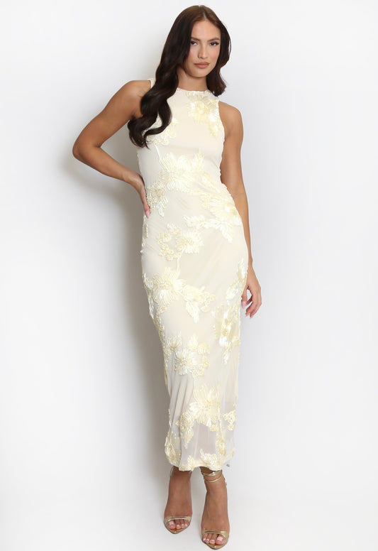 Lemon Floral Lace Lined Sleevless Midi Dress