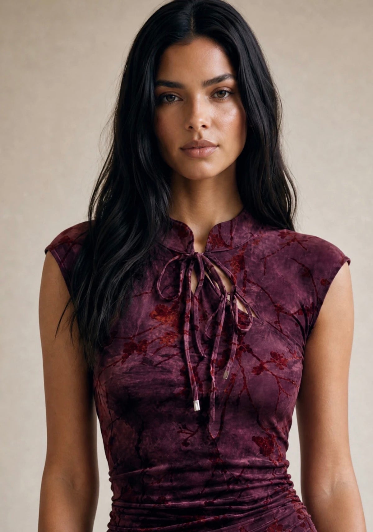 Burgundy Floral Textured Lace Up Mini Dress