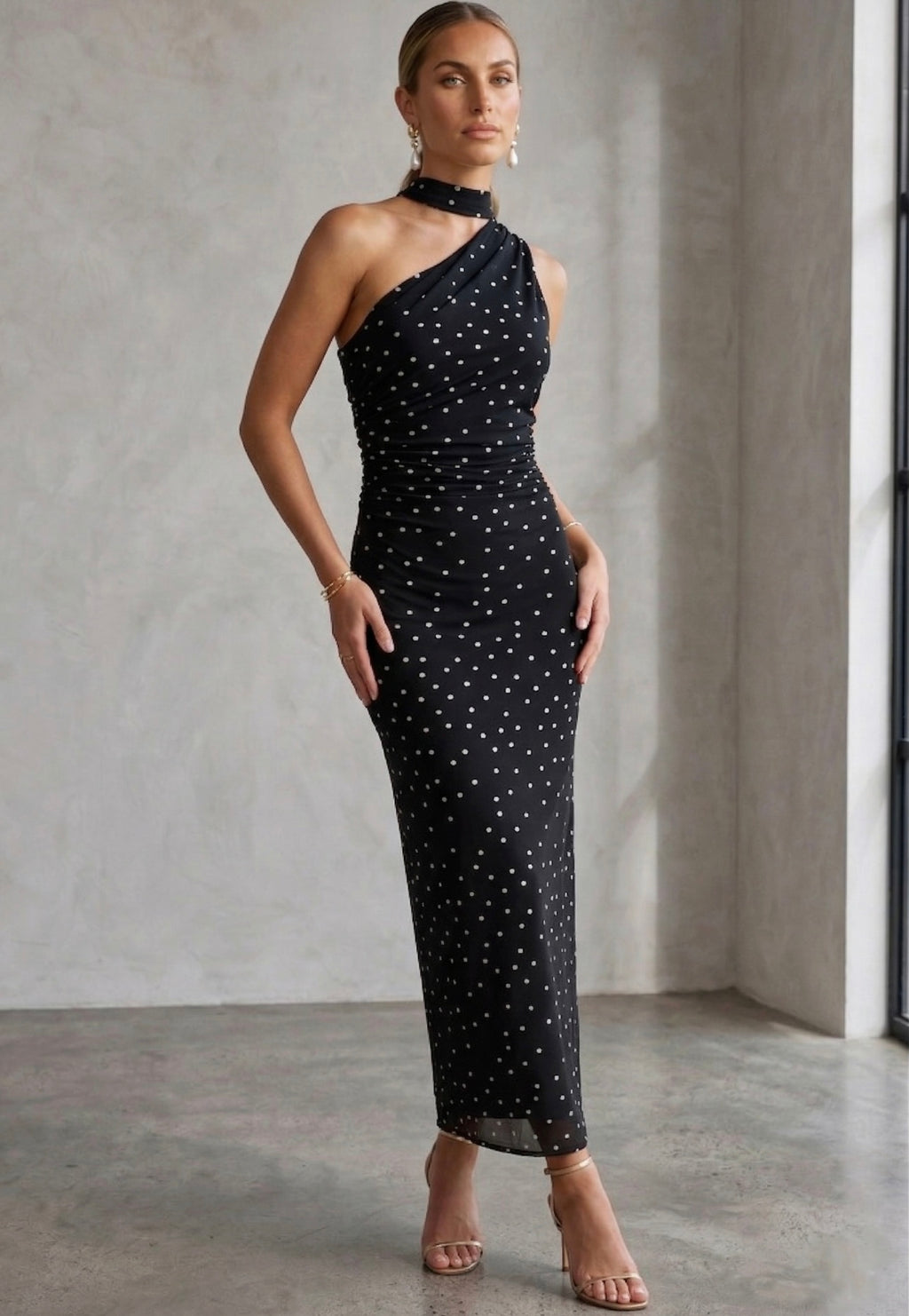 Black Polka Dots One Shoulder Midi Dress