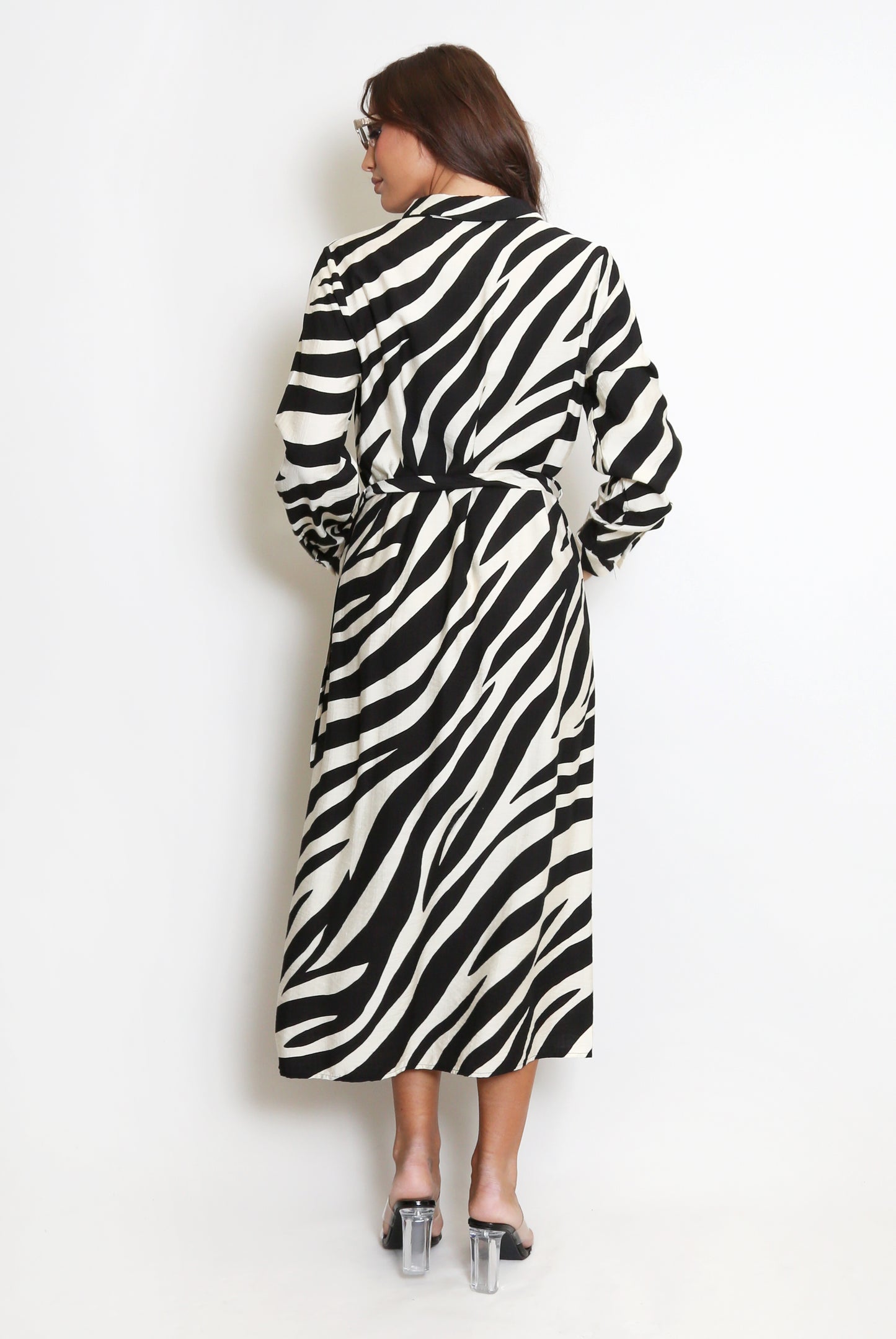 Black Zebra Print Belted Shirt Dress