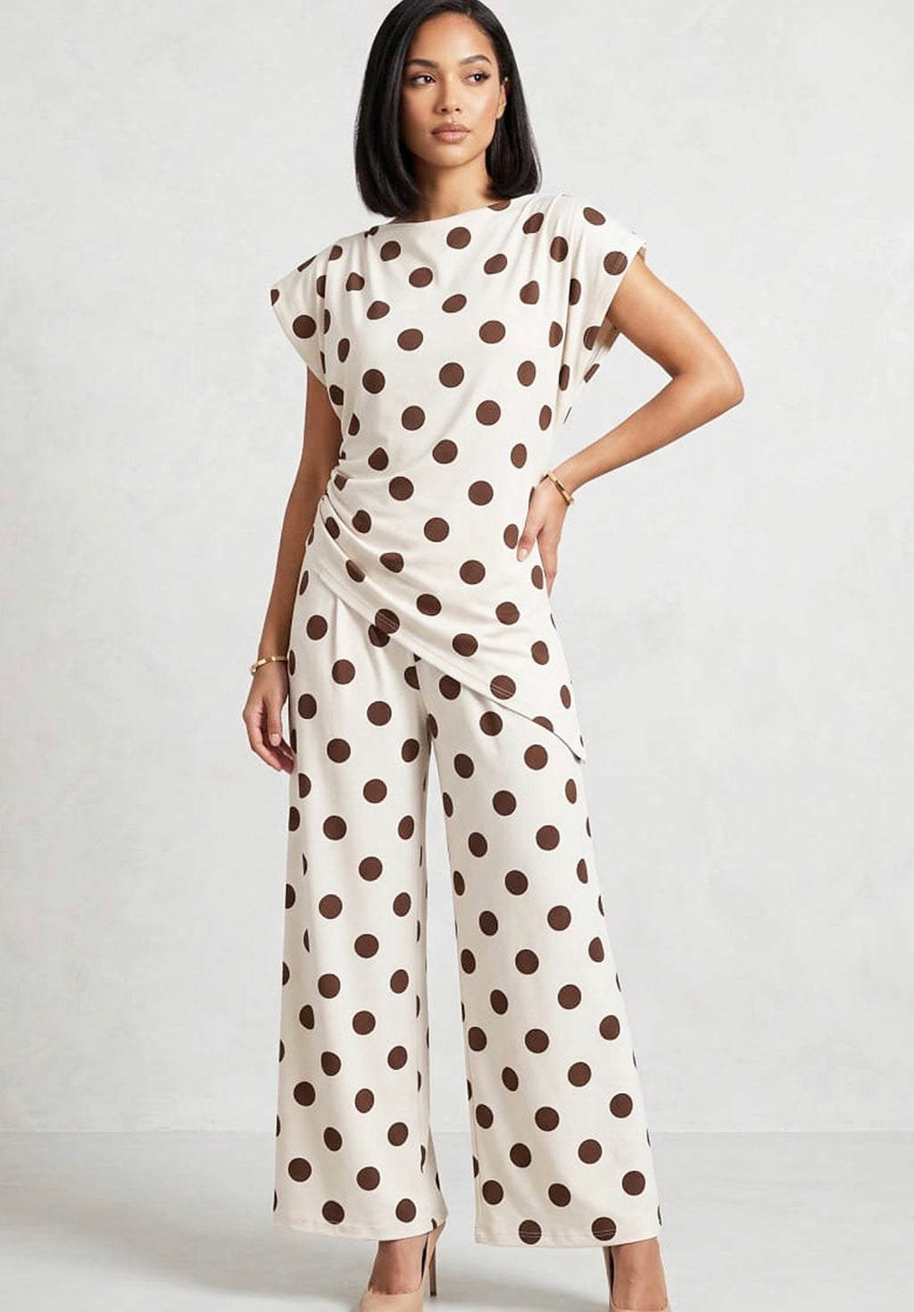 Cream Polka Dot Asymmetric Top And Trouser Set