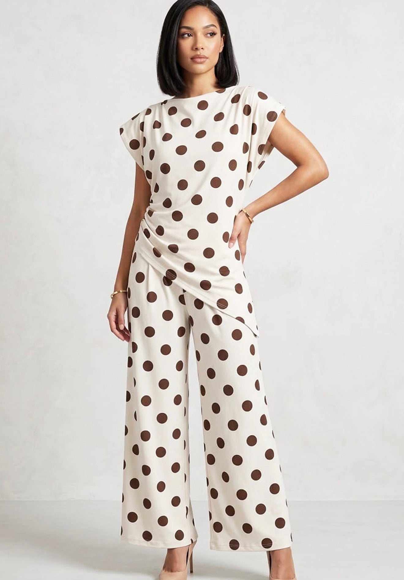 Cream Polka Dot Asymmetric Top And Trouser Set