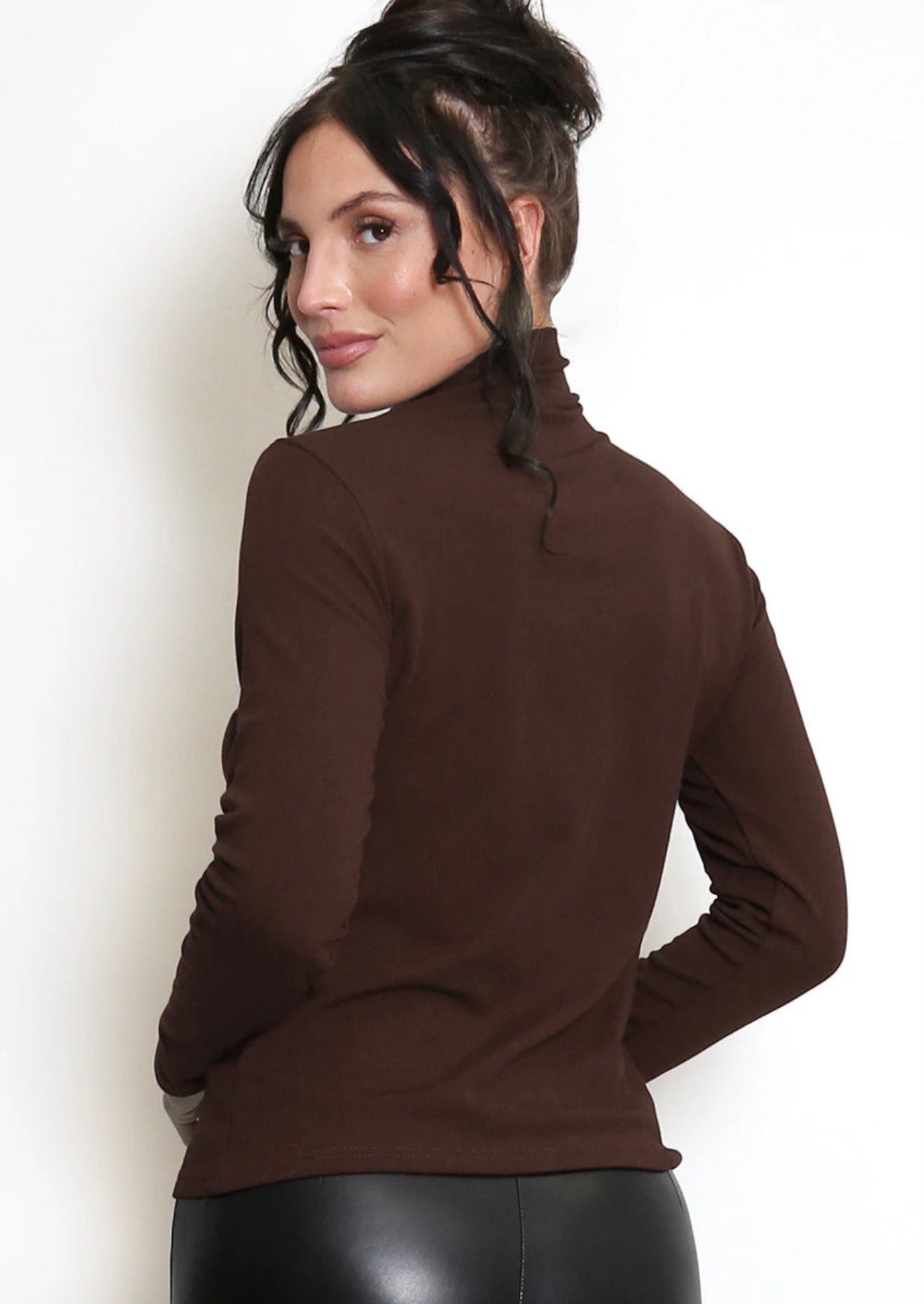 Brown High Neck Long Sleeves Top