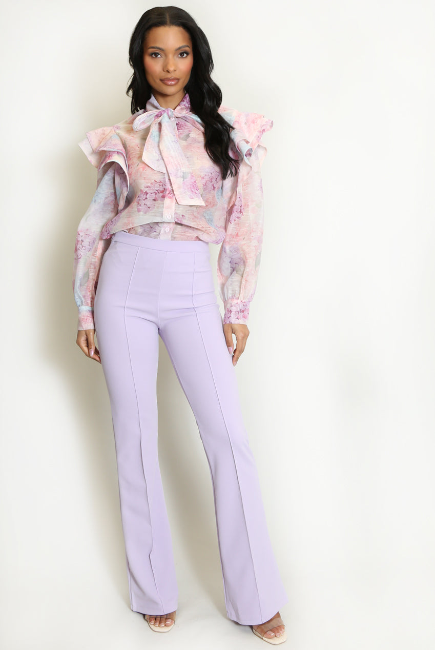 Pink Vintage Floral Print Pussy Bow Blouse