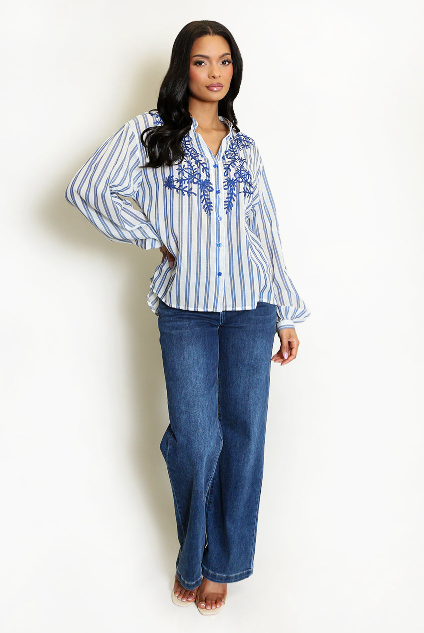 Blue Leaf Embroidered Striped Blouse