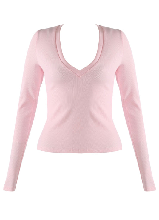 Pink V Neck Ribbed Top