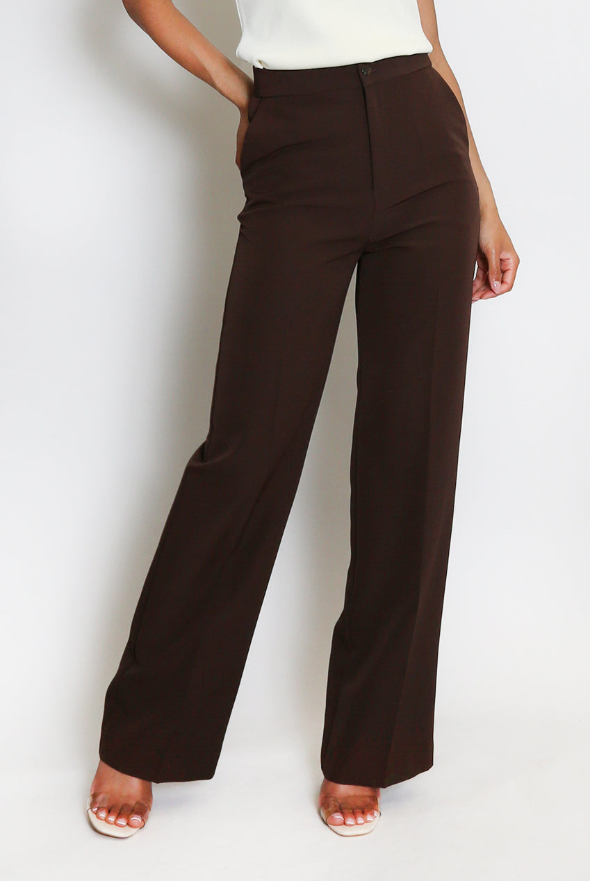 Brown High Waisted Tailored Straight Leg Trousers
