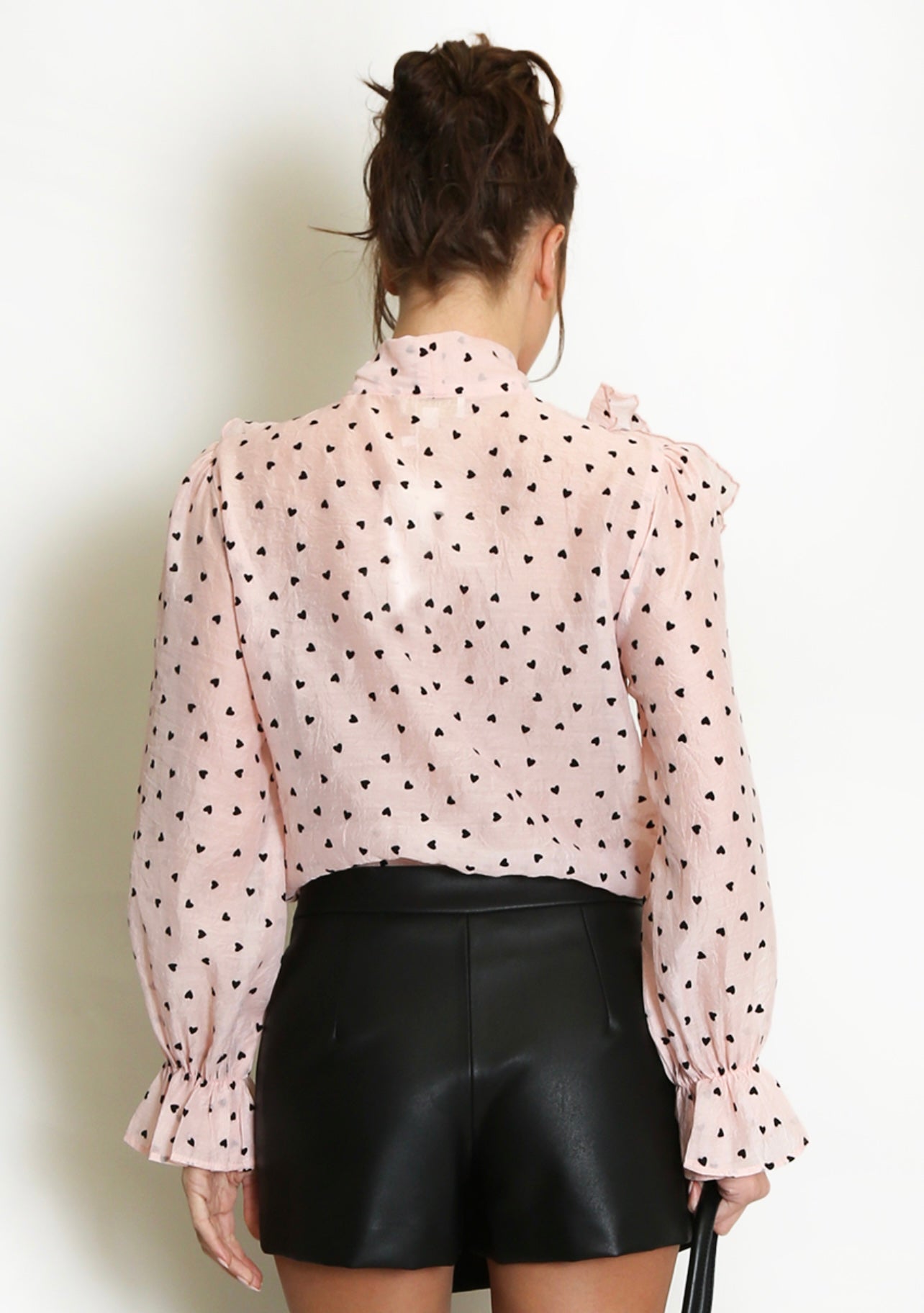 Pink Hearts Print Tie Neck Chiffon Blouse