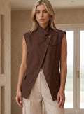 Brown Asymmetric Wrap Sleeveless Blazer