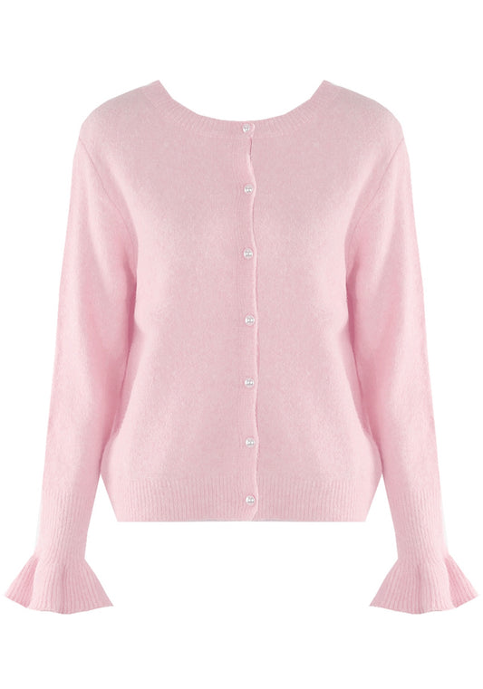 Pink Flute Cuffs Pearls Button Cardigan
